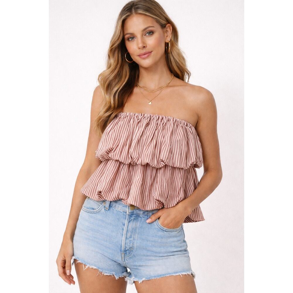 Anthropologie Strapless Ruffle Peplum Top Stripe Cotton Modal Boho Women’s L